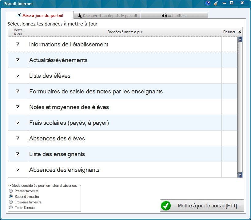 Fenêtre de mise à jour du portail Internet BonelSchool