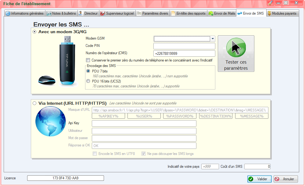 Paramétrage de l'envoi de SMS